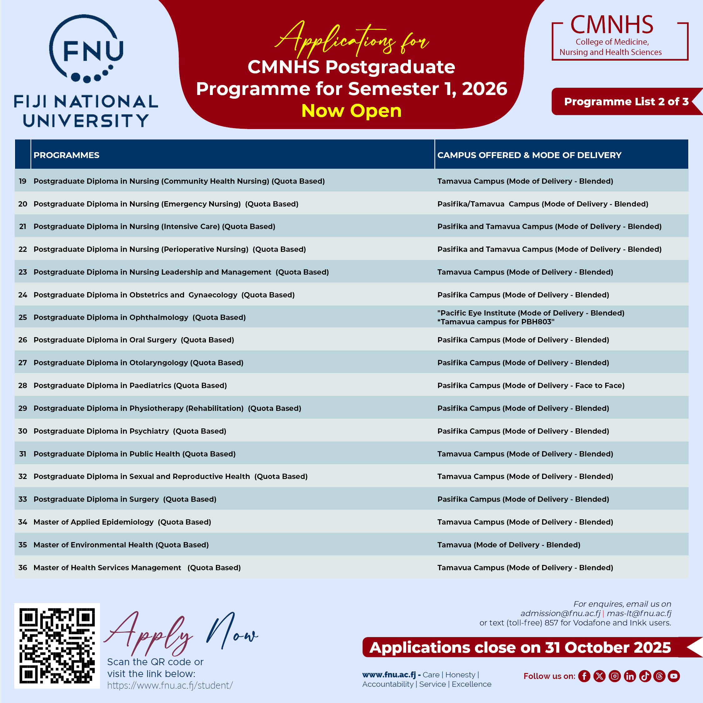 CMNHS - Semester 1 2026 Programme Listing