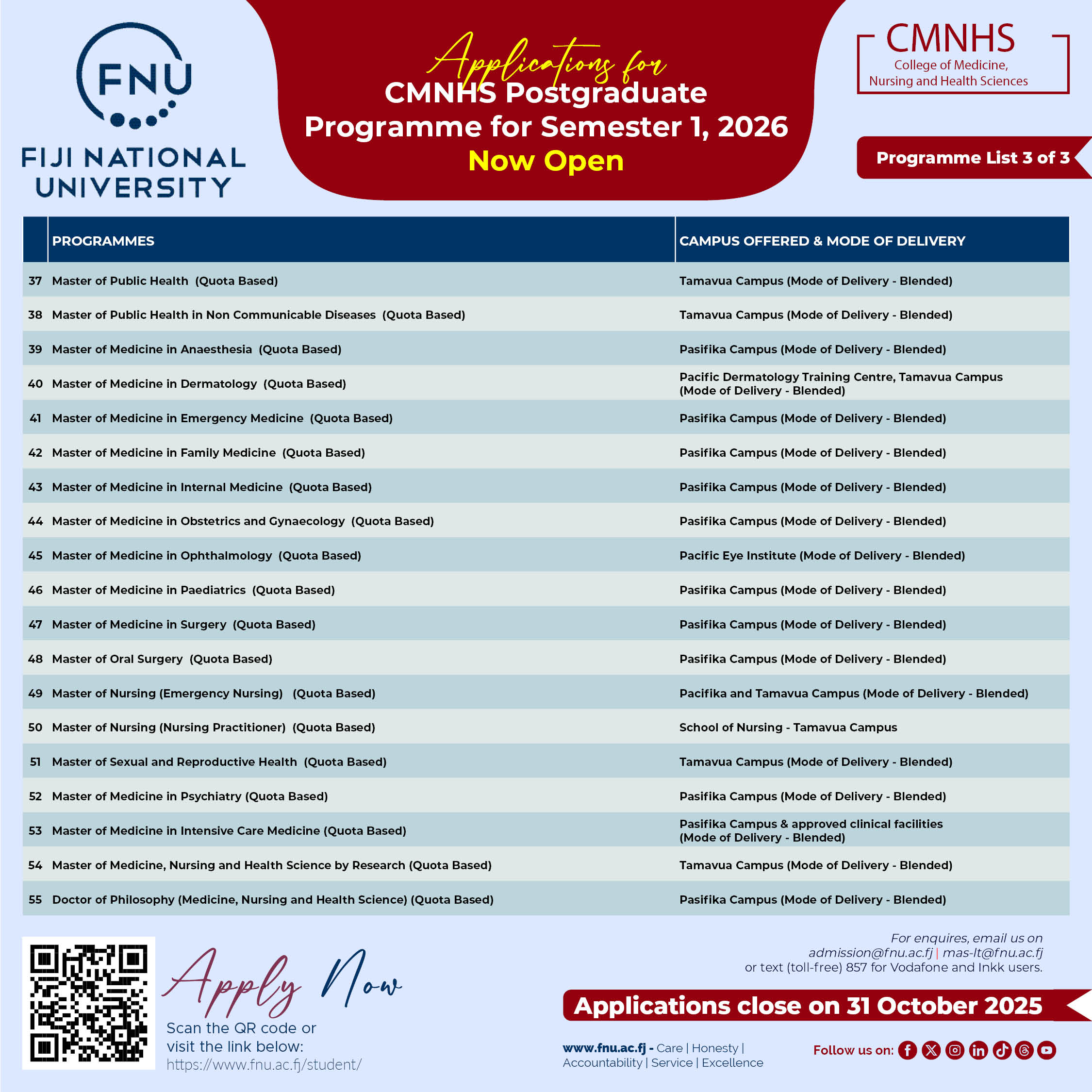 CMNHS - Semester 1 2026 Programme Listing