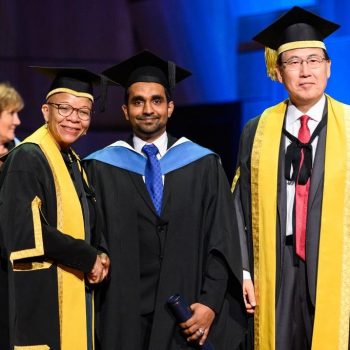 During Graduation at World Maritime University (L-R) Dr Henry Cleopatra – WMU President, Mohammed Taslim, Mr Kitack Lim – Secretary-General of IMO