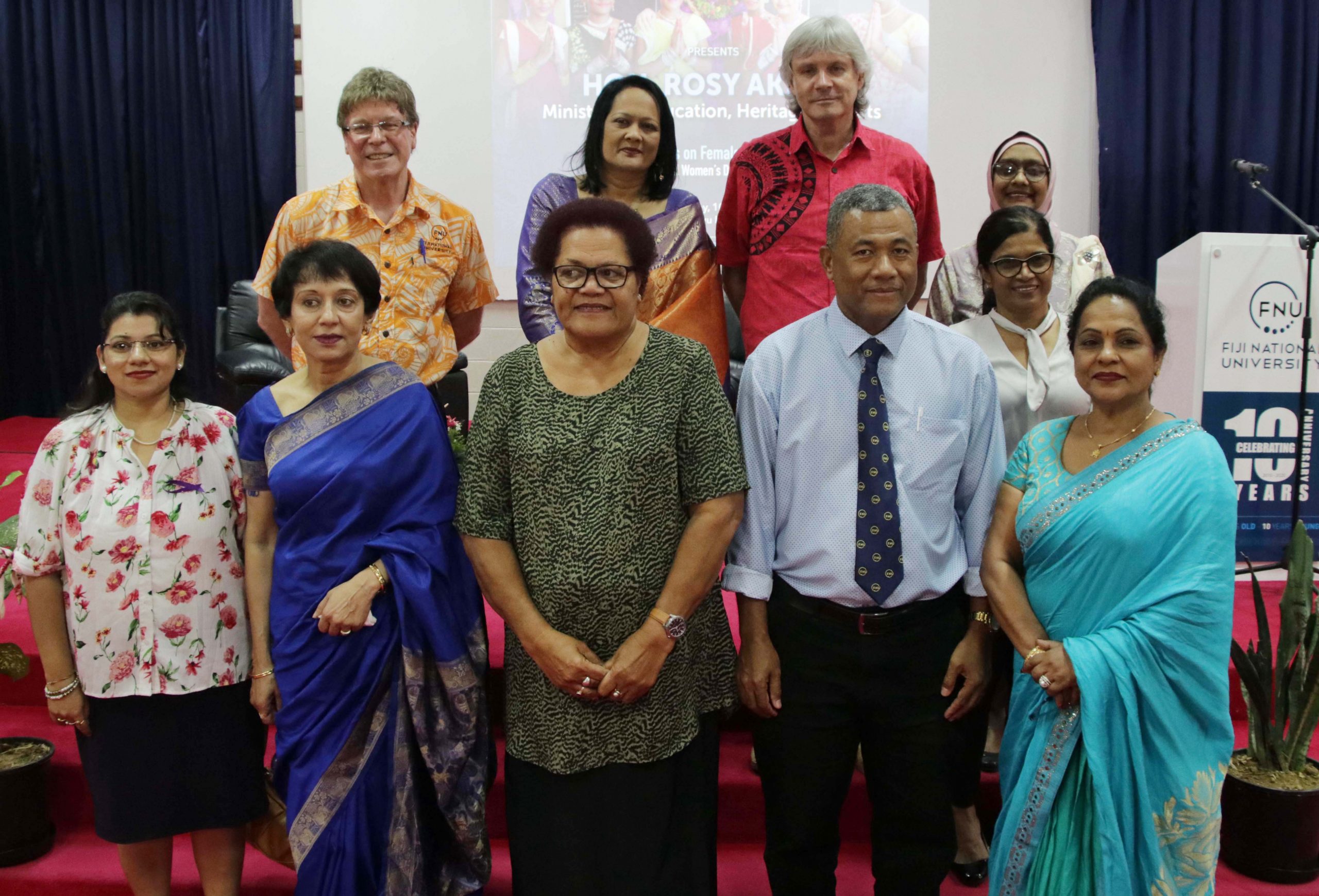 The Minister for Education, Heritage and Arts, Honourable Rosy Akbar with staff of FNU at Nasinu Campus