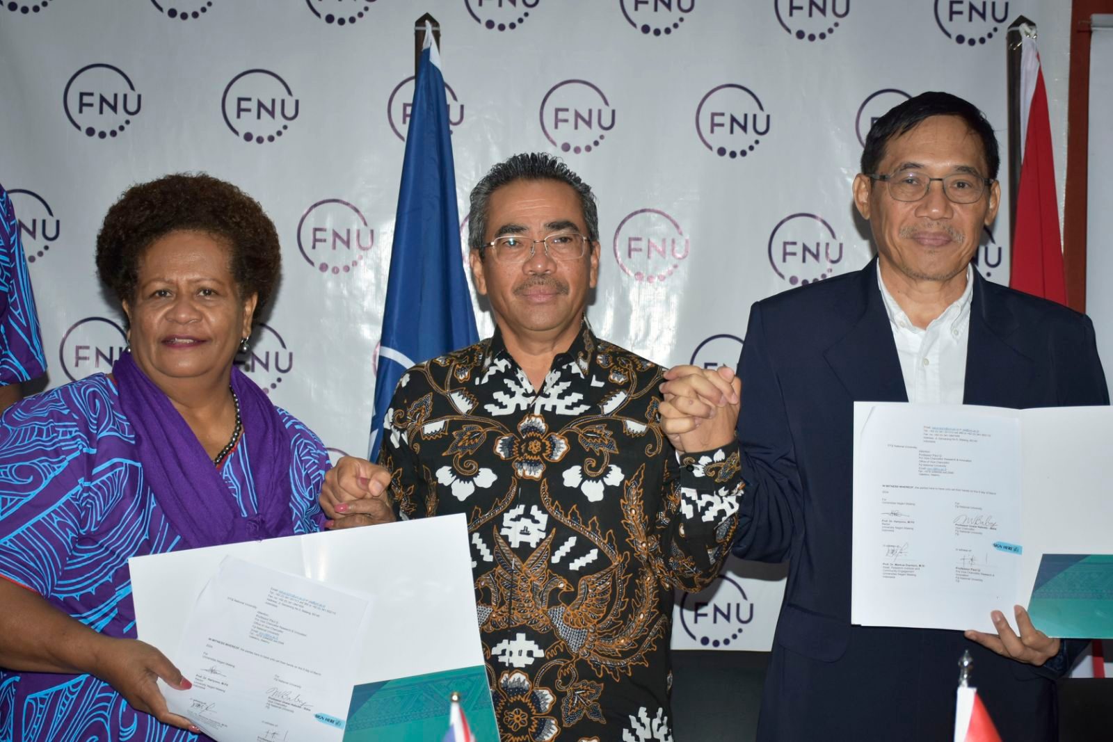 From Left to Right- FNU Vice-Chancellor, Professor Unaisi Nabobo-Baba, the Indonesian High Commissioner to Fiji, H.E Dupito D. Simamora, Universitas Negri Malang Rector,Professor Hariyono