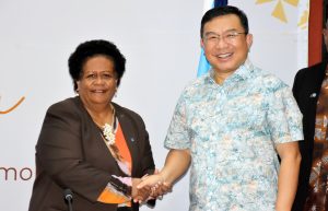 (from left) Fiji National university (FNU) Vice-Chancellor, Professor Unaisi Nabobo-Baba after receiving the $10,000 handover from the Chinese Ambassador to Fiji, His Excellency Zhou Jian at the FNU Nasinu campus today, Thursday, 15 May 2025.