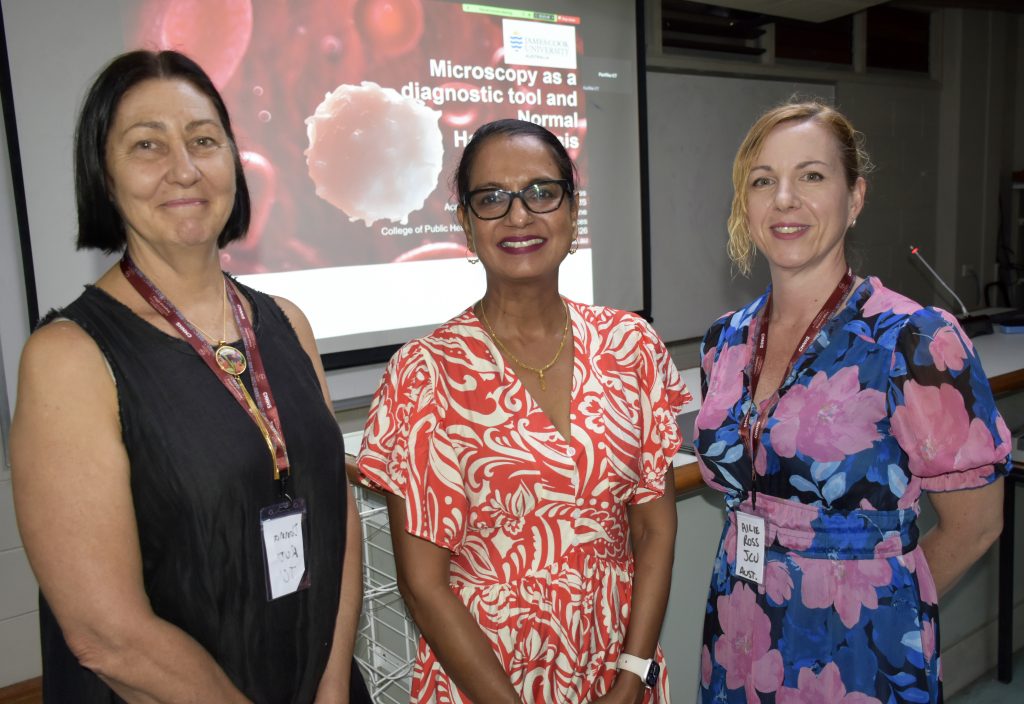 (L-R)JCU’s Associate Professor and Professor of Medical Laboratory Science, Donna Rudd, Dr Aruna Devi, Associate Dean TVET & current Interim Dean, CMNHS, Ailiee Ross, course facilitator and JCU academic