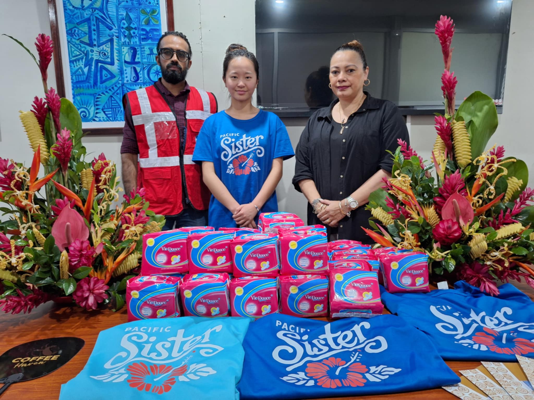 (from left) Fiji Red Cross Society's Lokesh Rajarseka and Pacific Sister Founder Cecilia Lin with Fiji National University Foundation Executive Founder, Karen Lobendahn during the sanitary pads donation at the Nasinu Campus on Friday, 21 June 2025.