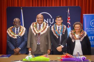 (from left) FNU’s Acting Vice-Chancellor, Professor Nii-K Plange, Deputy Prime Minister and Minister for Trade, Co-operatives, Small and Medium Enterprises, Honourable Manoa Kamikamica, TOPPAN Ecquaria Pte Limited Managing Director, Chong Ser Wah and FNU Council Member Peniana Cirikiyasawa during the MoU signing at Nasinu Campus today. 