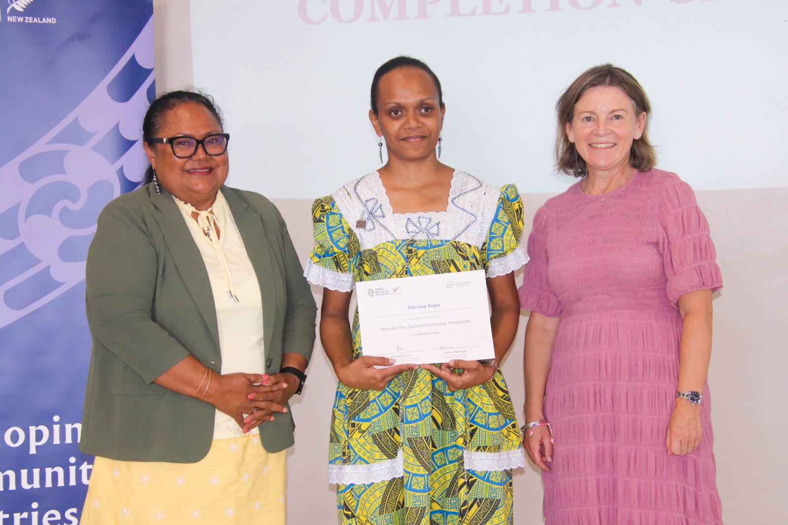 (from left) FNU’s Pro-Vice-Chancellor Learning and Teaching, Professor Jimaima Lako with Davina Iopa and New Zealand High Commission First Secretary Jane Anderson during the completion ceremony at the Fiji National University (FNU) Nasinu Campus today.
