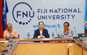 From left: FNU’s Pro-Vice-Chancellor Learning and Teaching, Professor Jimaima Lako, GDUFS Vice-President, Mr Shen Minghao and FNU’s College of Humanities, Education and Law (CHEL) Associate Professor, Dr Lavinia Tiko