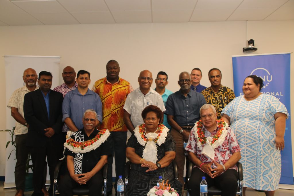 Sitting from left: College of Engineering and Technical and Vocational Education and Training (CETVET) Dean Professor Atul Kumar Raturi, Vice-Chancellor Professor Unaisi Nabobo-Baba, former CETVET Acting Dean Mr Salabogi Mavoa with FNU's Senior Leadership Team members after the welcoming ceremony of the new Dean.