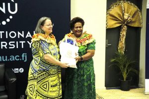 US Ambassador, H.E Marie C Damour (left) with FNU Vice-Chancellor, Professor Unaisi Nabobo-Baba