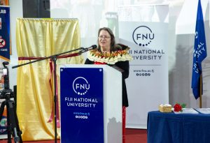 US Ambassador to Fiji, Her Excellency Marie Damour delivers her remarks at the Science Lab Manual 2 and Science Lab Kit at Fiji National University (FNU), Natabua Campus, today.