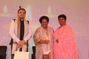 The High Commissioner of India to Fiji, His Excellency Suneet Mehta, FNU Vice-Chancellor, Professor Unaisi Nabobo-Baba and FNU’s Diwali Committee Chairperson, Ms Vidhya Singh, at the Deepawali celebration. 