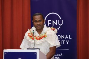 Newly appointed Director of the Division of Estates and Facilities, Apisai Saunikalou Tadulala Tuiloma, delivers his remarks following his appointment.