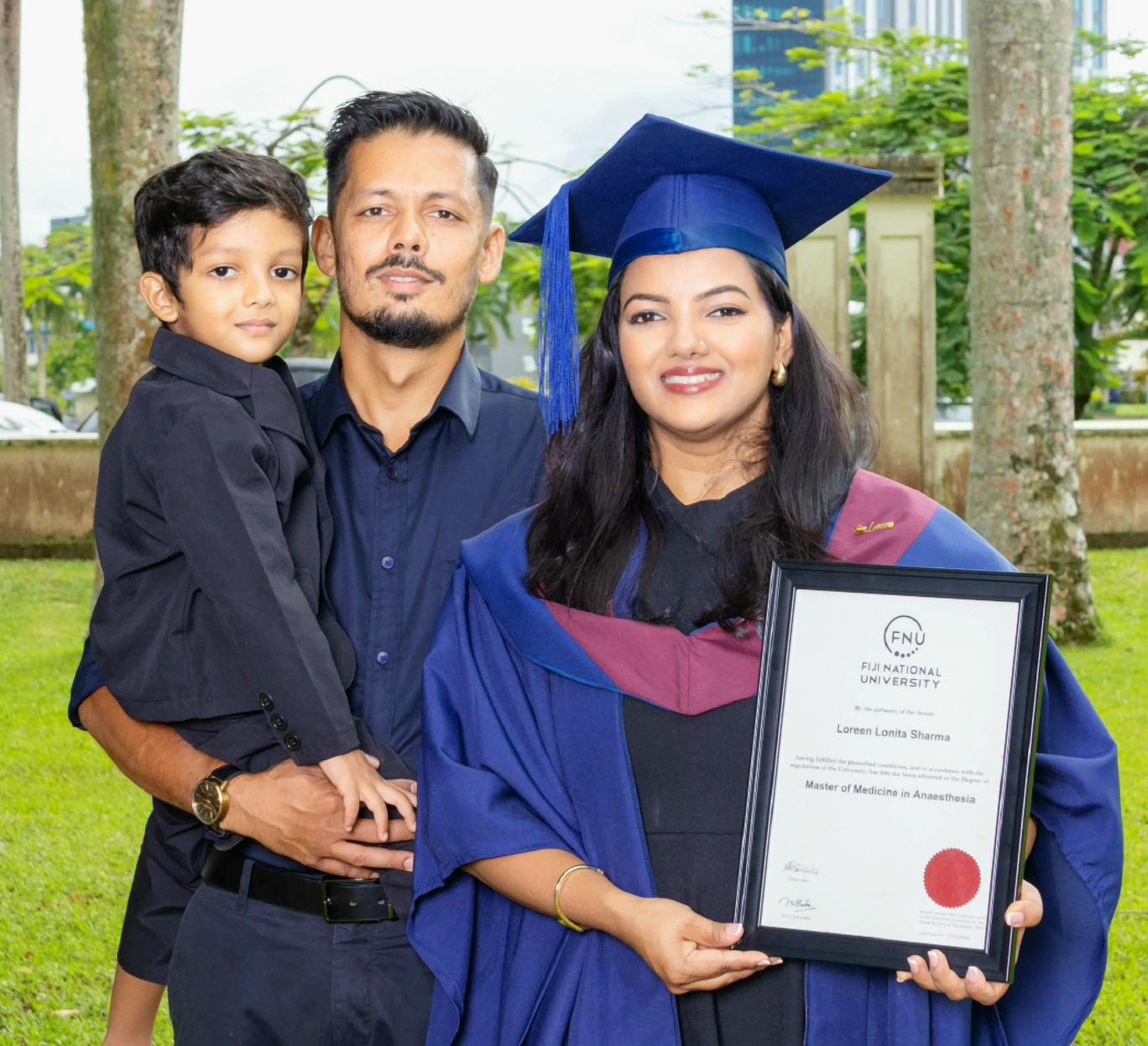 Dr Sharma with her husband Sashi and son Chirag