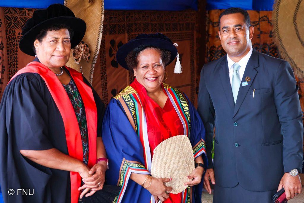 Left to Right_FNU Deputy Chancellor, Dr Alisi Talatoka Vudiniabola, Vice-Chancellor, Prof Unaisi Nabobo Baba, Chief Guest at the Labasa Graduation, Minister for Lands, Honourable Filimoni Vosarogo