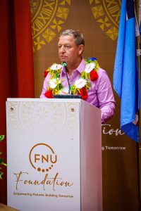 Swire Shipping General Manager, Mr Alex Pattison delivers his remarks during the “Madigi Vou” project partnership at FNU Nasinu Campus. 