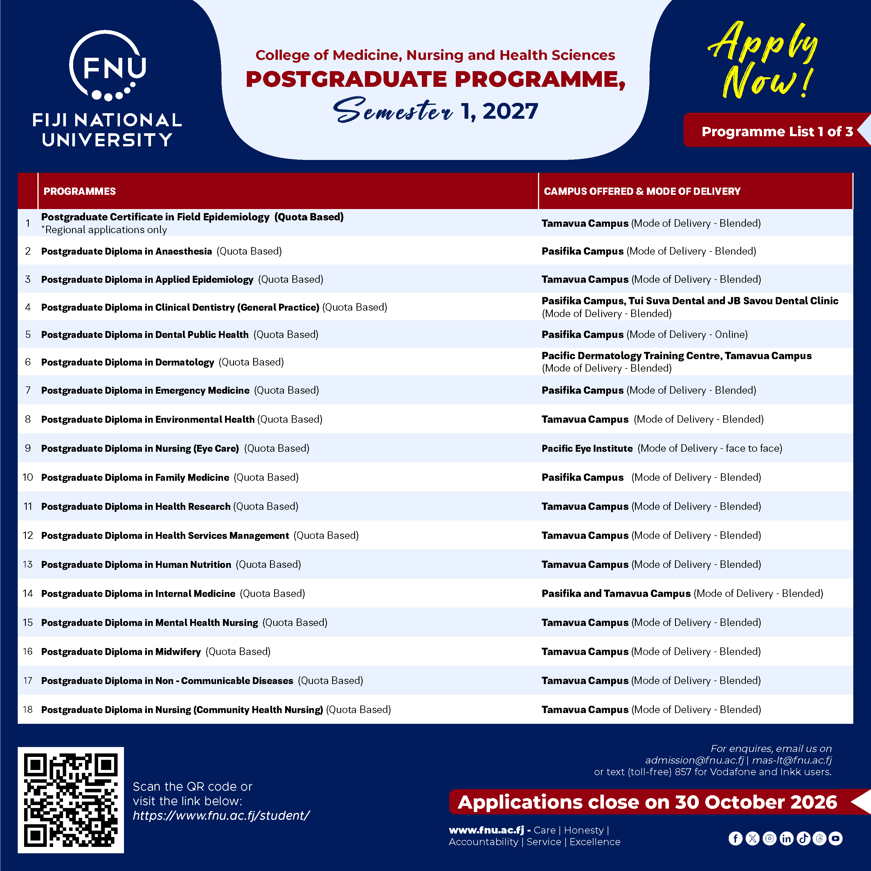 CMNHS Semester 1 2027 Programme Listing 1